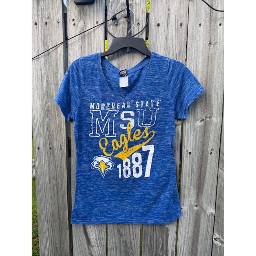 Collegiate MSU Morehead State Eagles T-Shirt Women Large Blue Heathered V-Neck